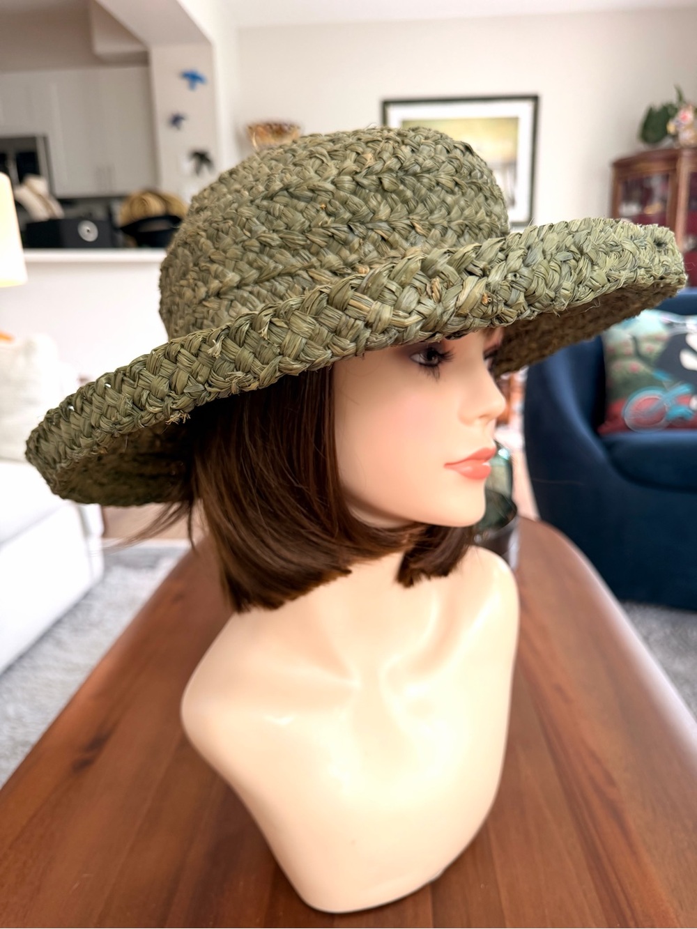 Olive Green Thick Woven Straw Wide Brim Boho Hat